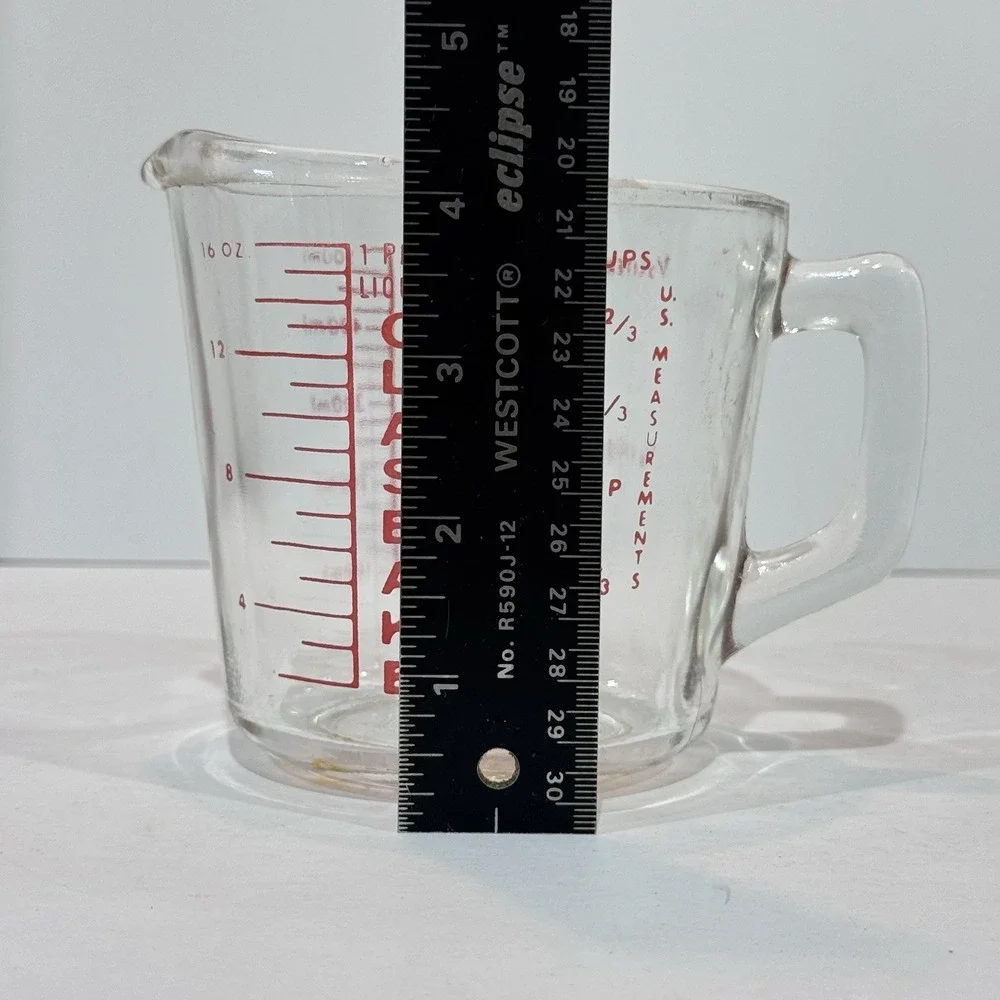 Vintage Glasbake 2 Cup Glass Measuring Cup w‎ Handle & Pour Spout Red Letters